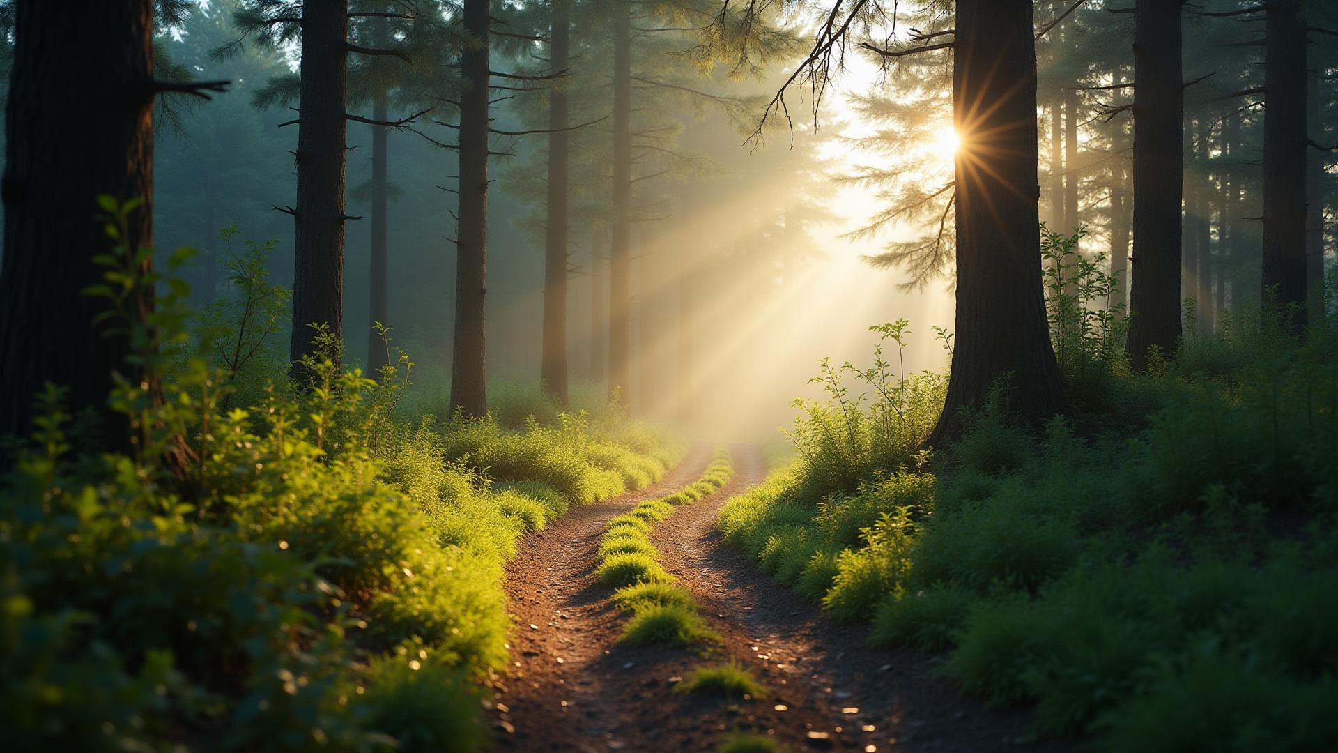 Forest trail with morning mist representing movement and energy
