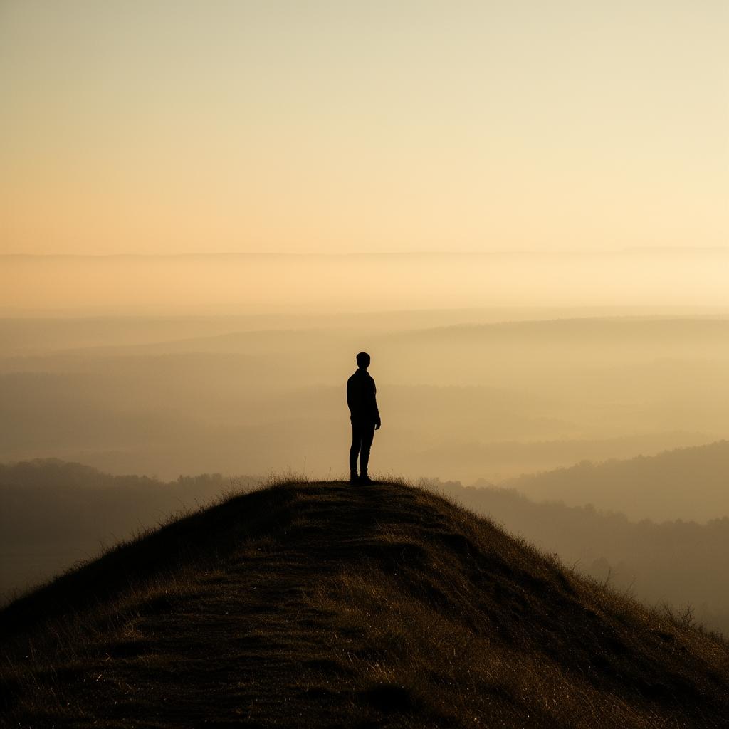 A solitary figure standing on a hilltop at golden hour, looking out over a vast misty landscape — representing vision, solitude, and inner confidence