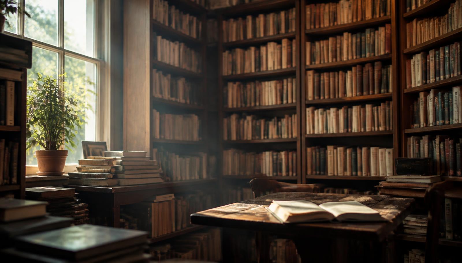 Warm afternoon light entering a quiet bookshop with tall wooden shelves full of books and an open book resting on a reading table